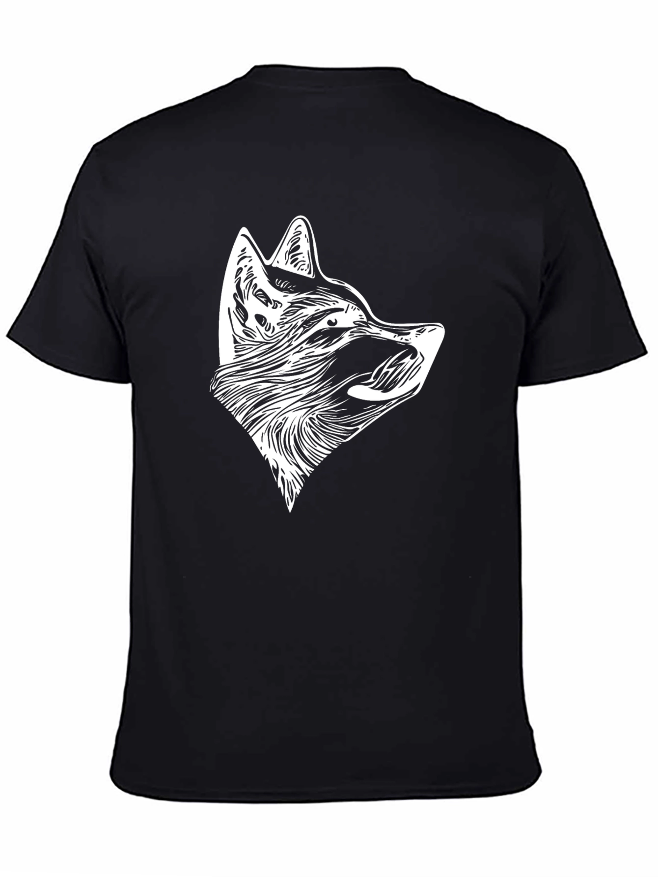 Black T-Shirt with White Wolf Head Design