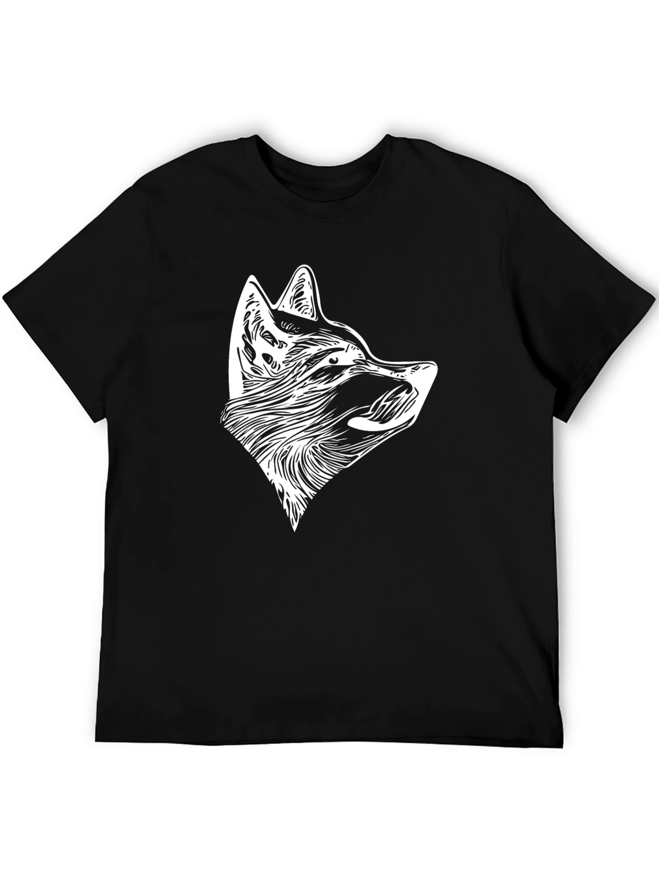 Black T-Shirt with White Wolf Head Design
