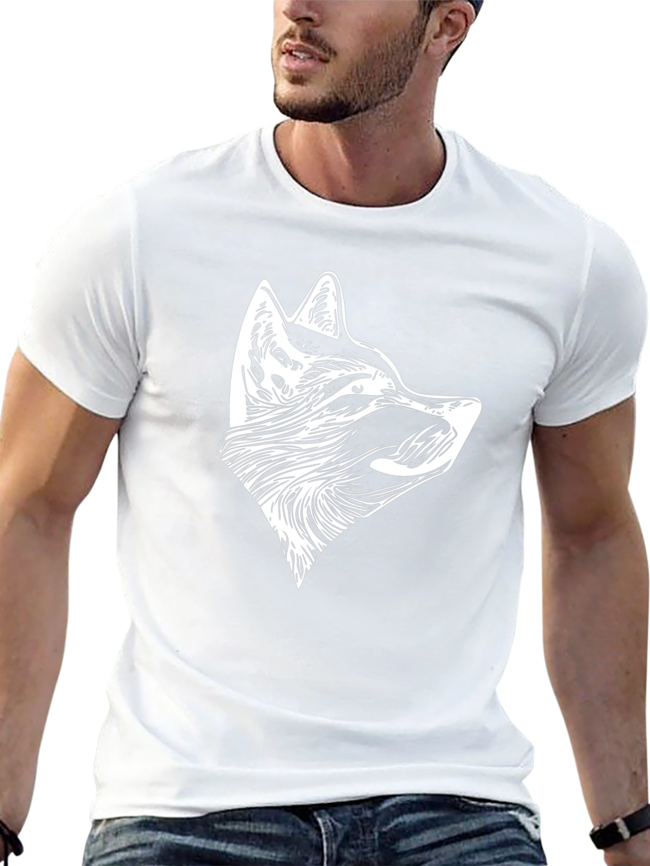 Black T-Shirt with White Wolf Head Design
