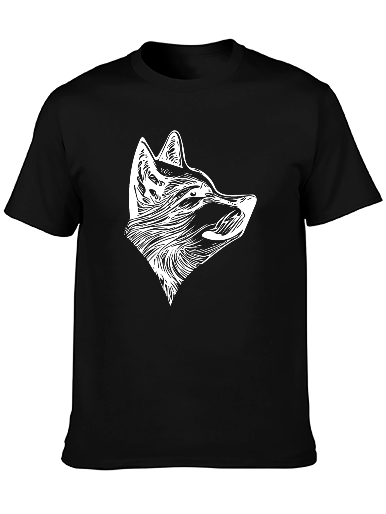 Black T-Shirt with White Wolf Head Design