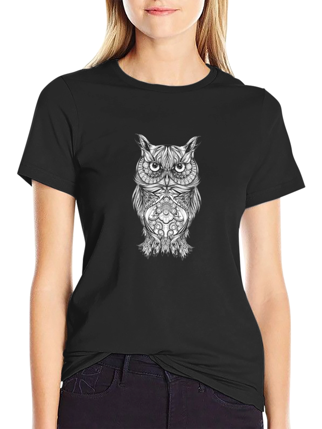 Owl Graphic Tee - Black Cotton T-Shirt