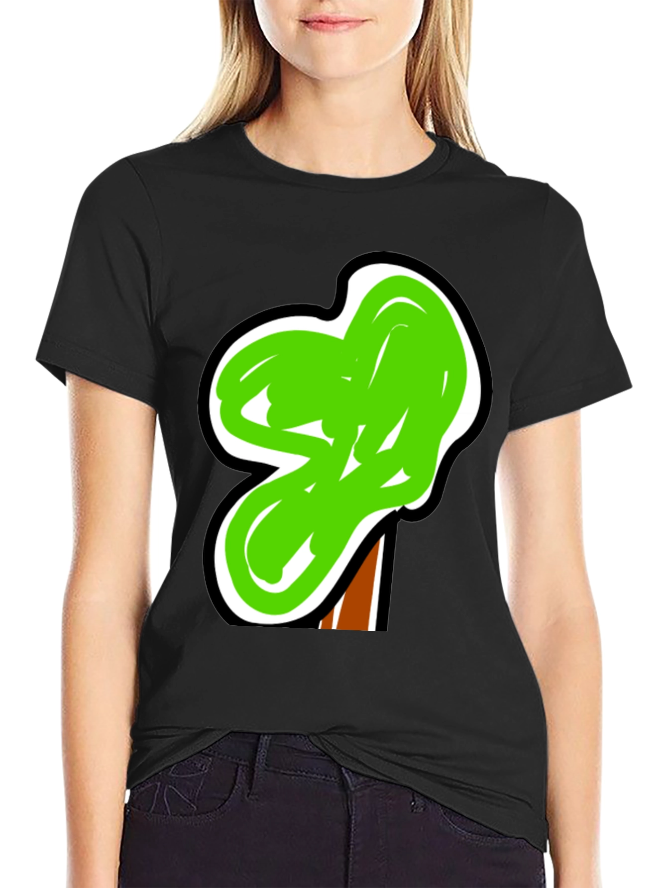 Funky Green Tree Graphic Black Tee