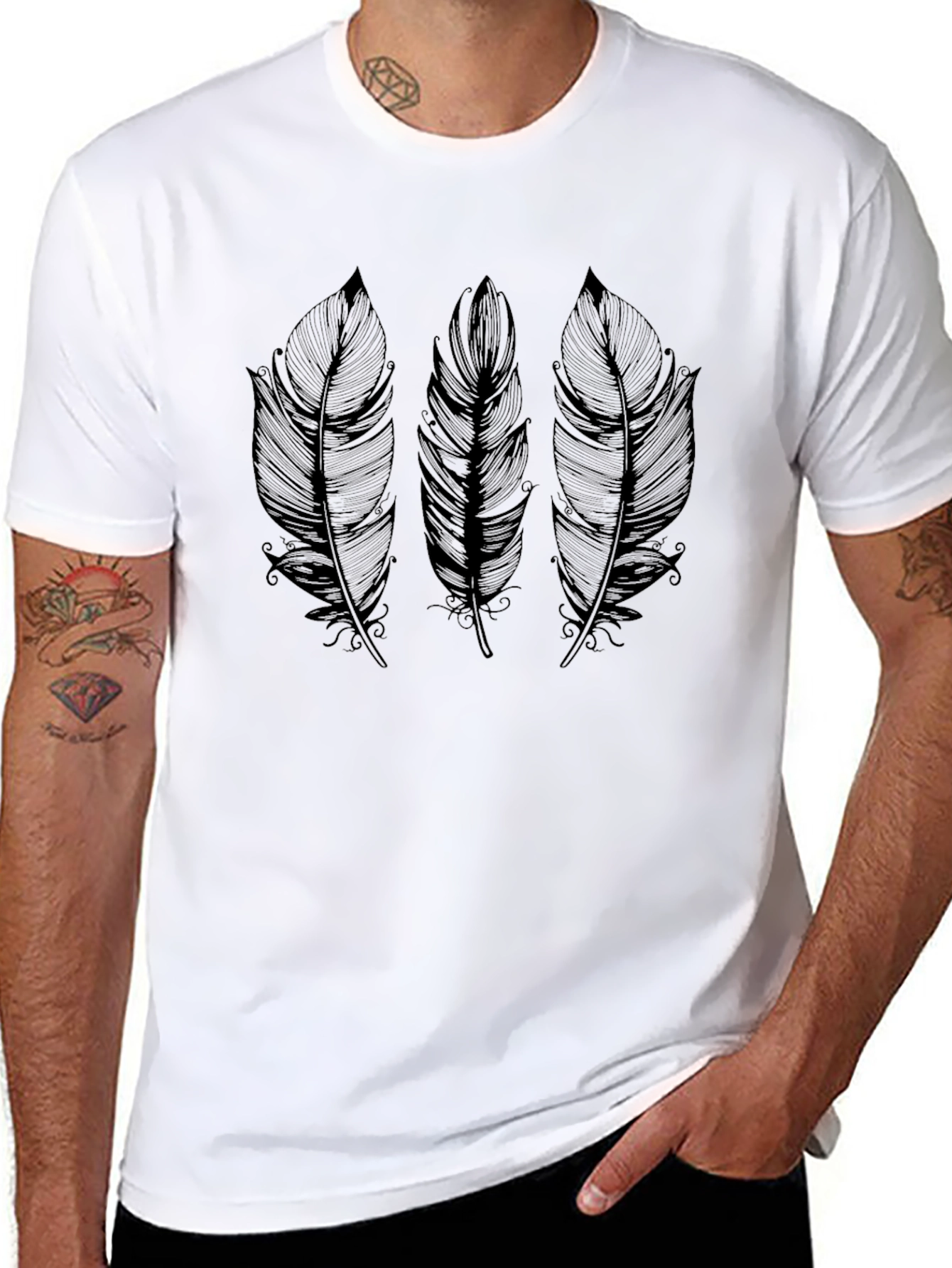 Feather Print Crew Neck T-Shirt