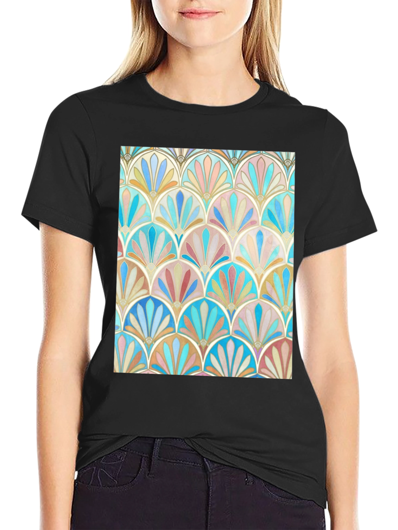 Art Deco Fan Pattern Graphic Tee - Black