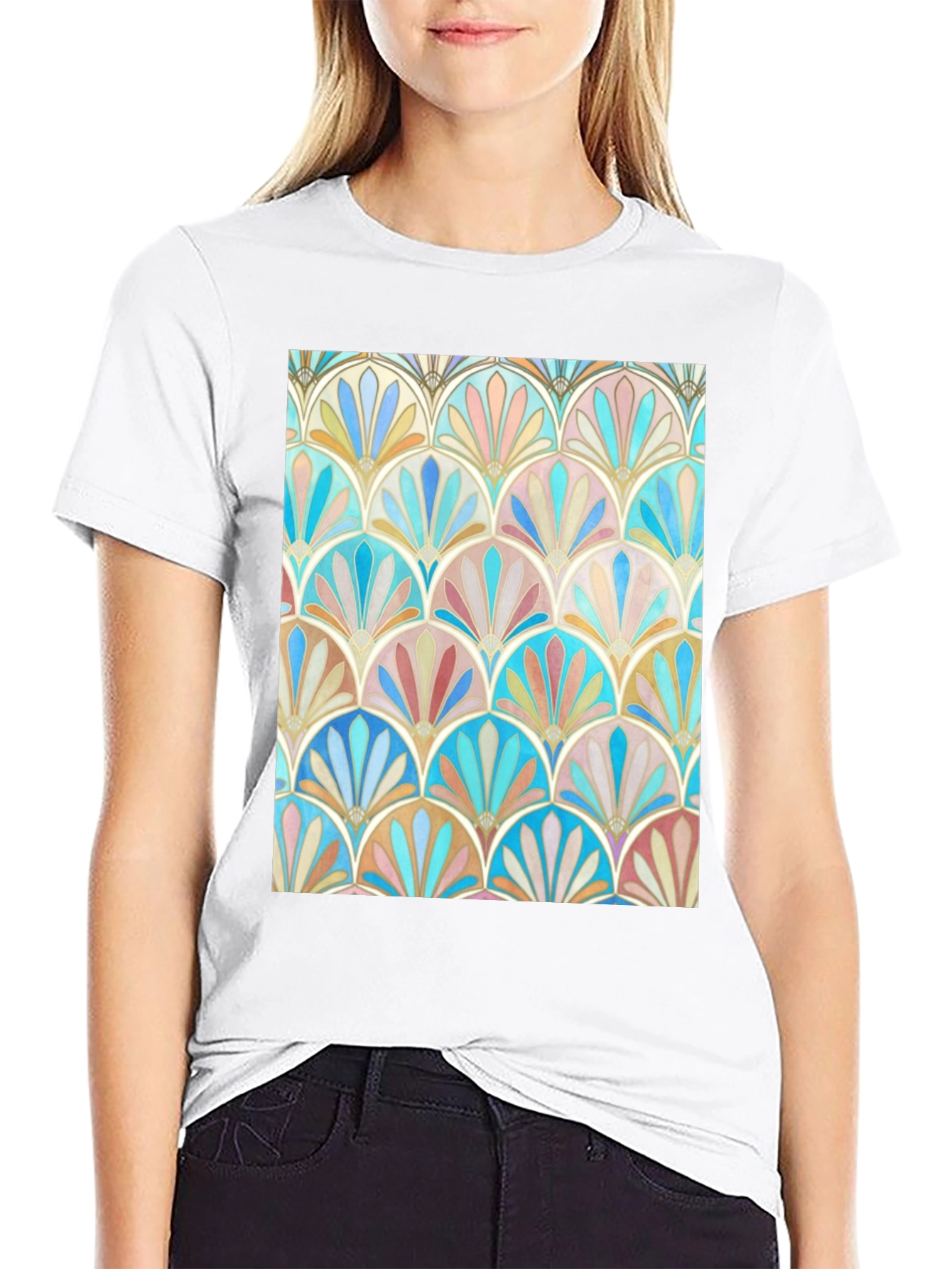 Art Deco Fan Pattern Graphic Tee - Black