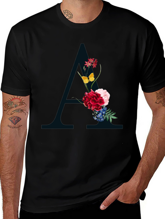 Floral Letter A Black T-Shirt - Stylish Initial Tee