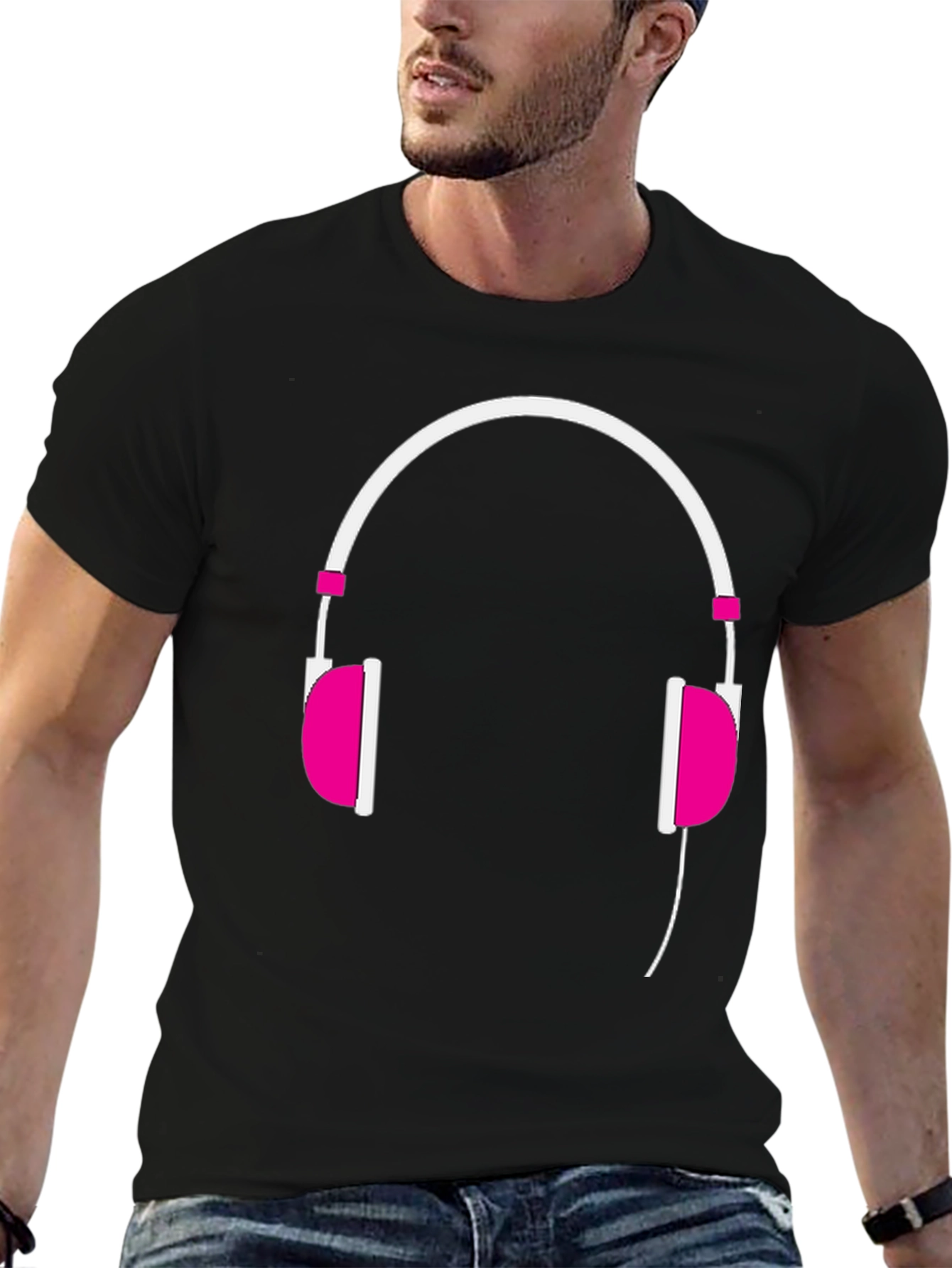 Trendy Headphones Graphic Tee - Black Cotton T-Shirt