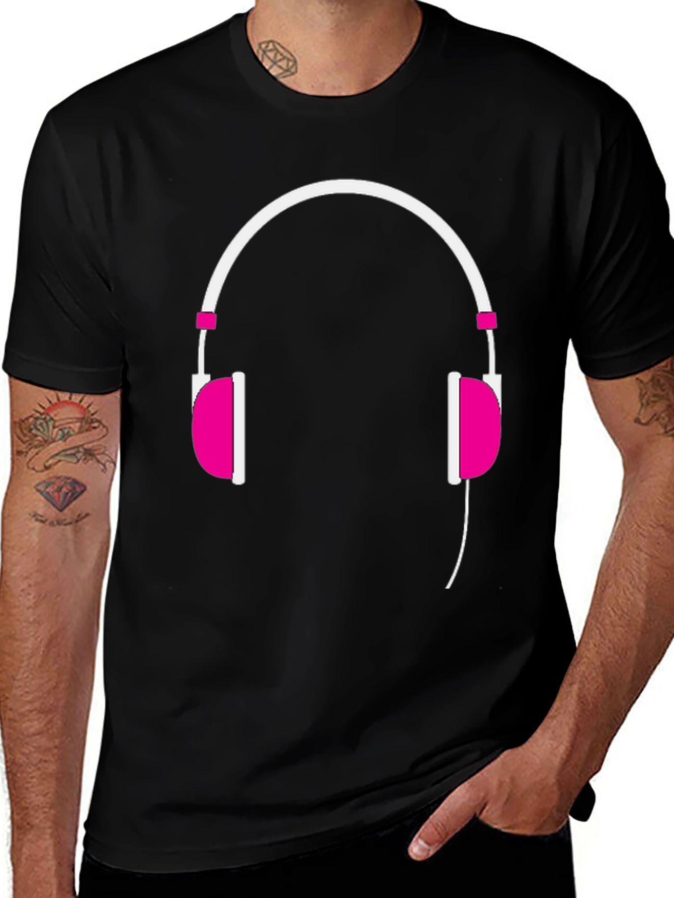 Trendy Headphones Graphic Tee - Black Cotton T-Shirt