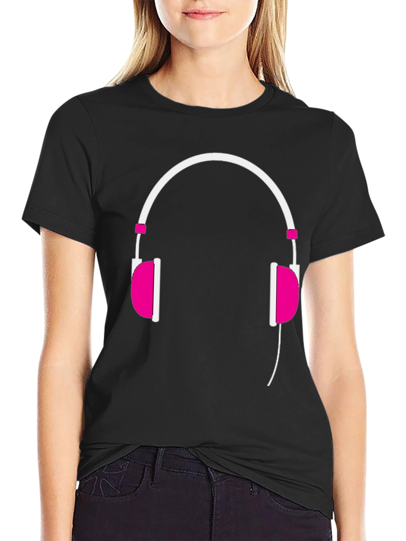 Trendy Headphones Graphic Tee - Black Cotton T-Shirt