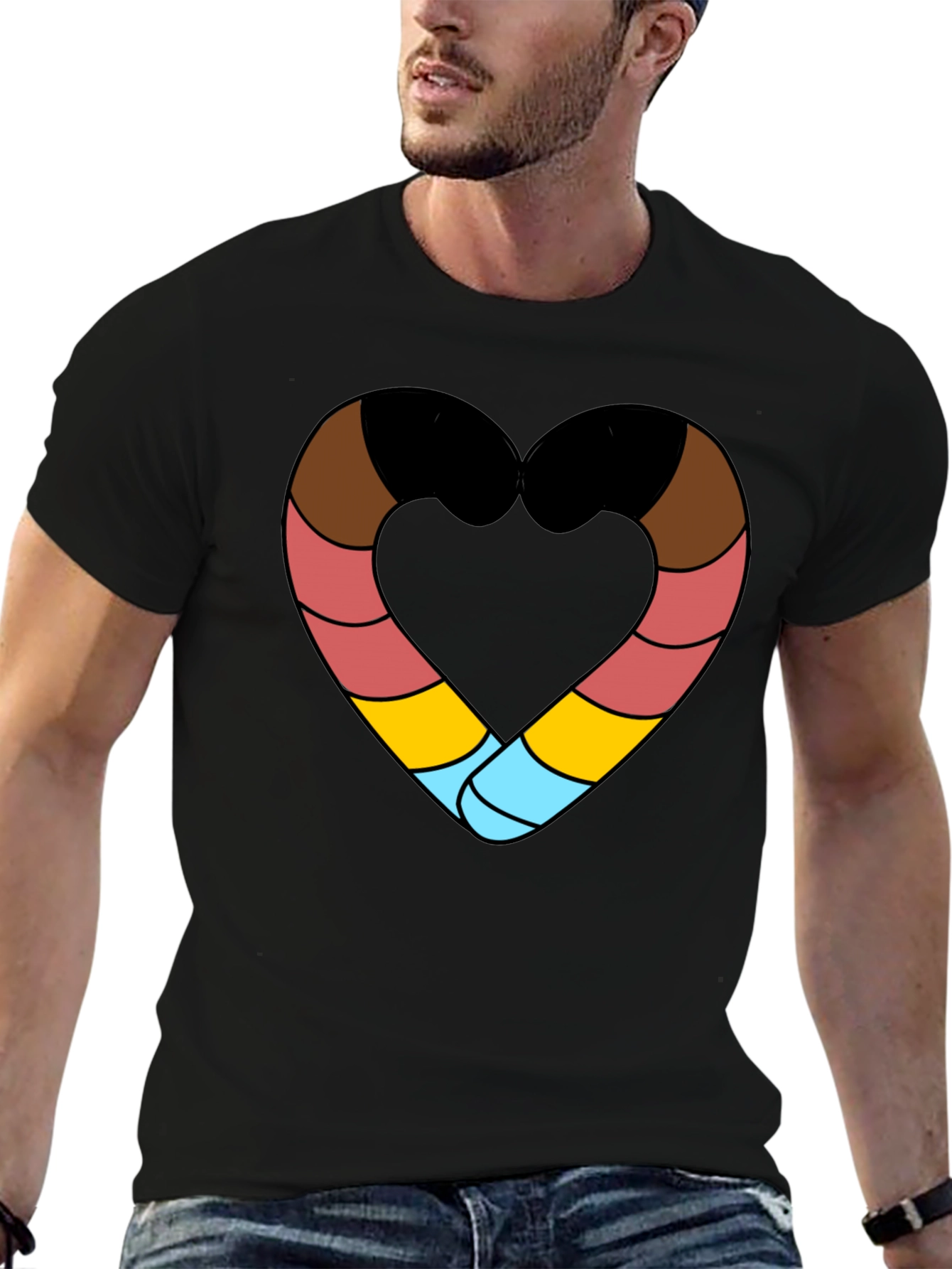 Striped Heart Graphic Black T-Shirt