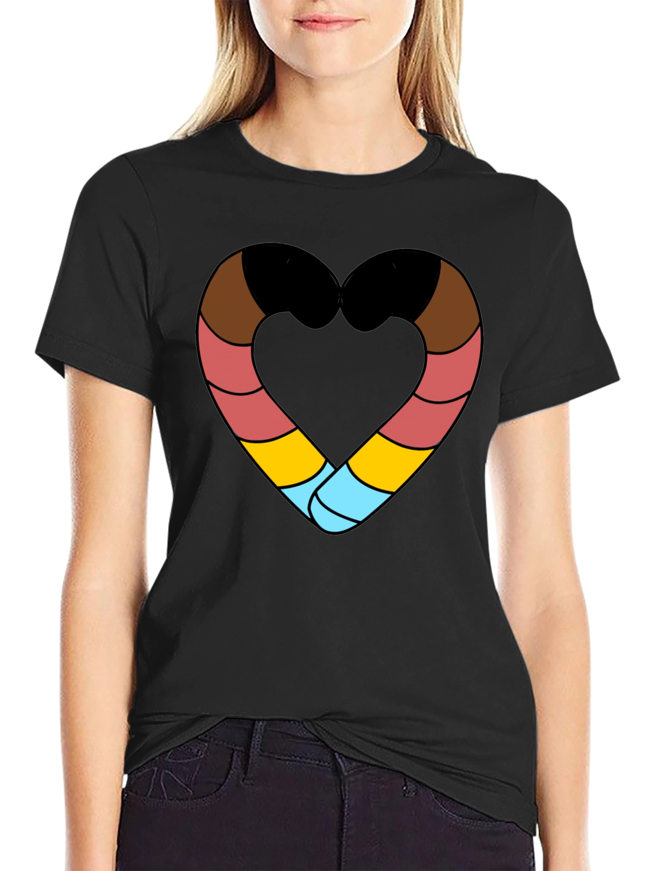 Striped Heart Graphic Black T-Shirt