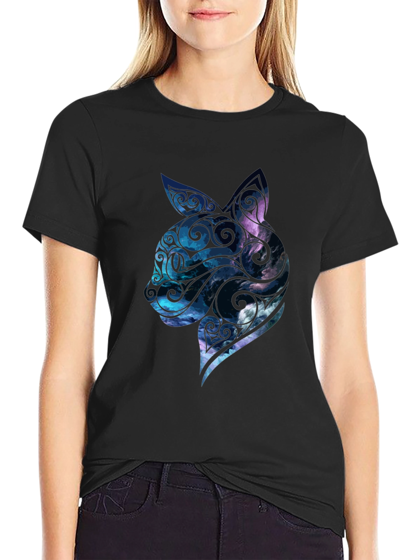Mens Black Cat Galaxy Graphic Tee