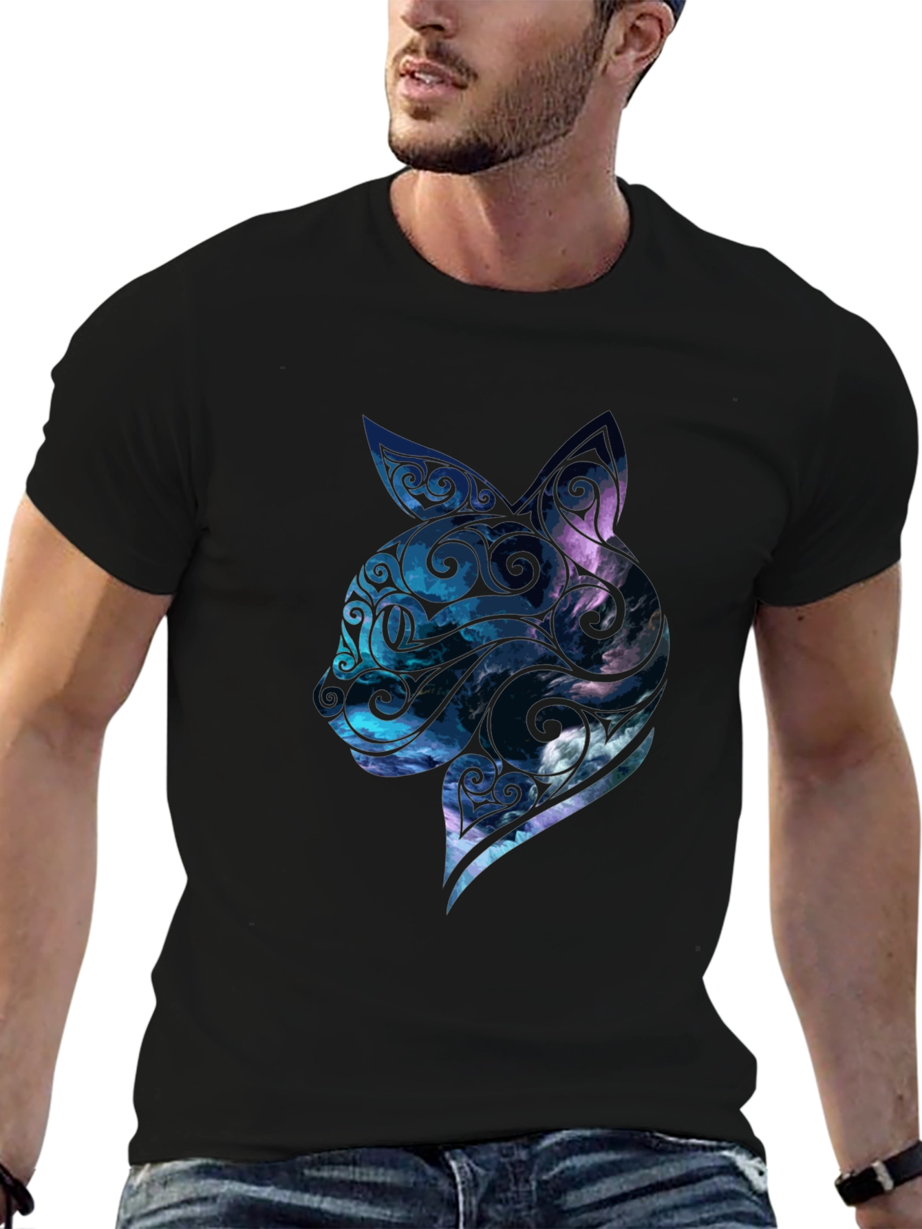 Mens Black Cat Galaxy Graphic Tee