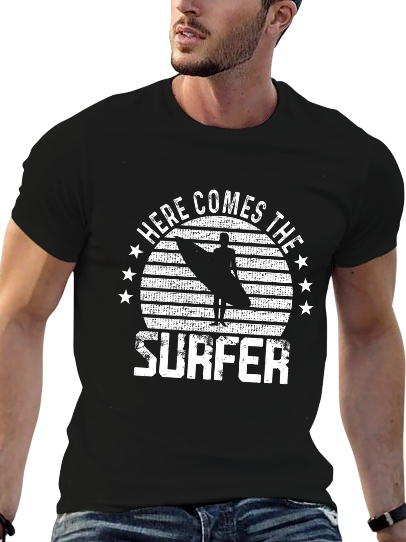 Here Comes The Surfer Black T-Shirt