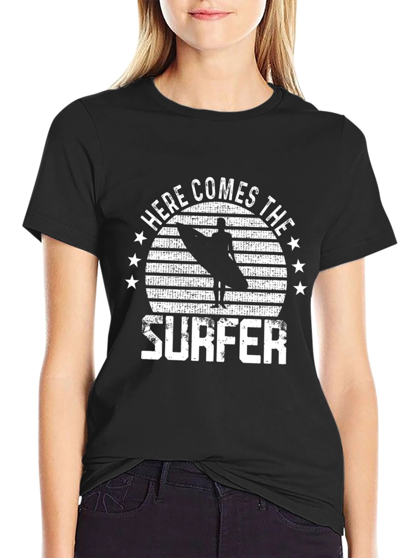 Here Comes The Surfer Black T-Shirt