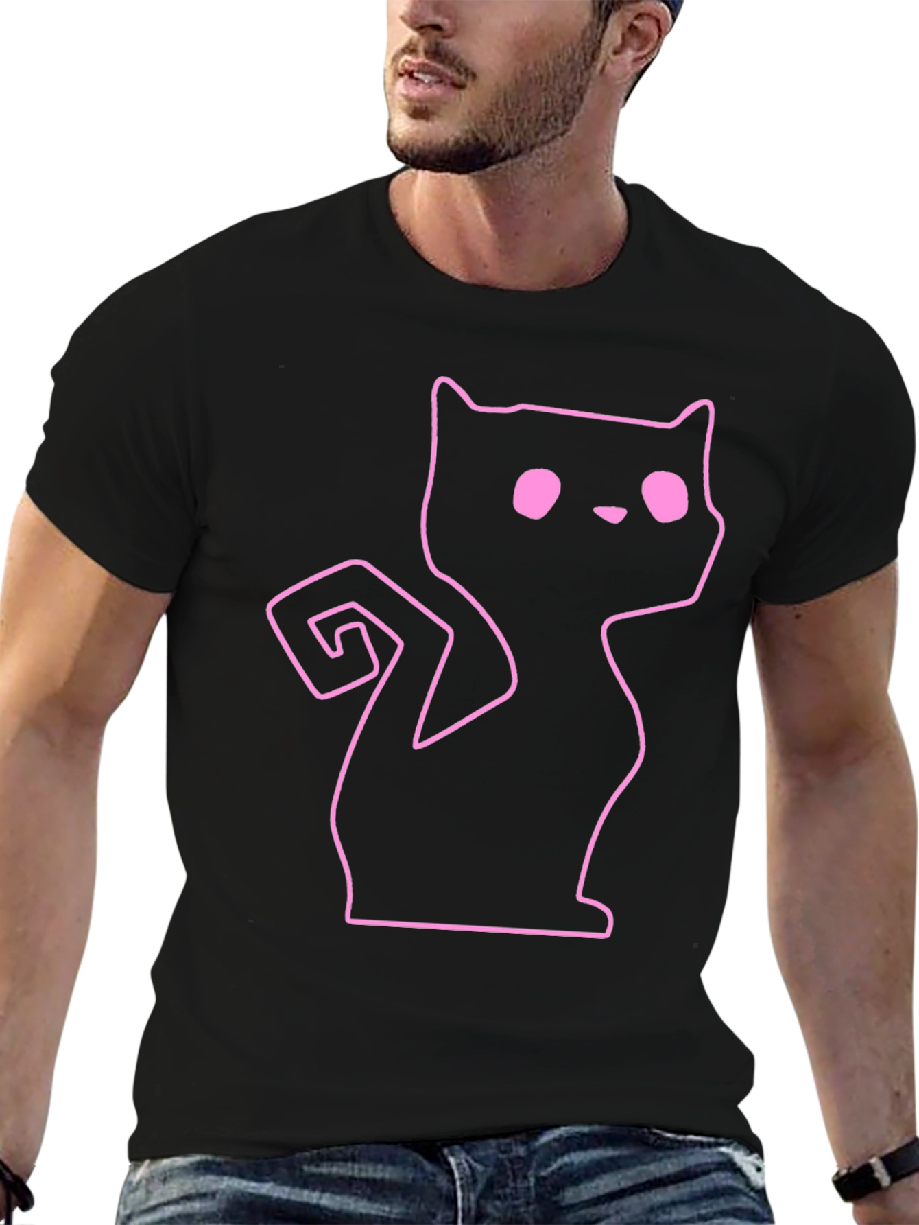 Pink Outline Cat Graphic Black T-Shirt