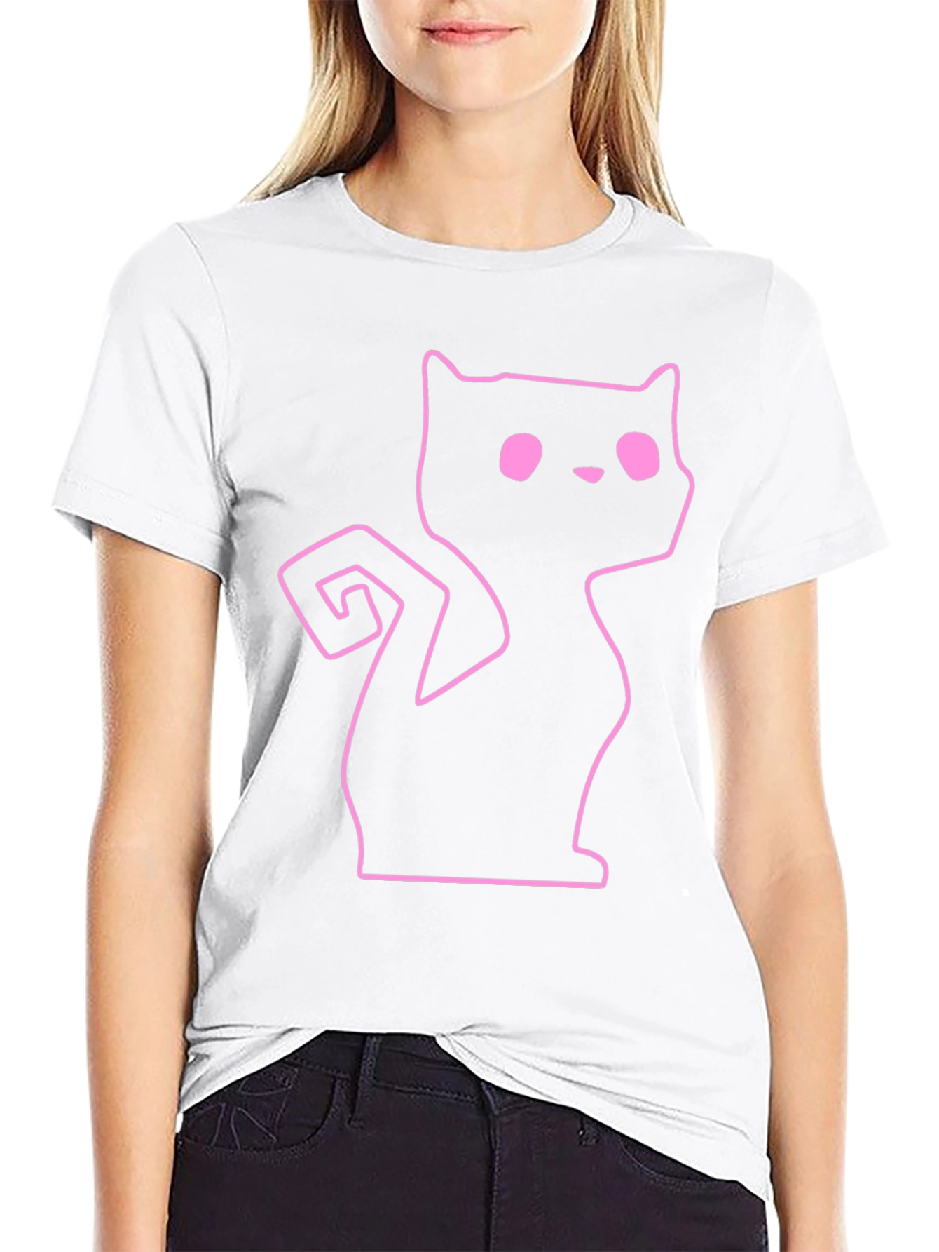 Pink Outline Cat Graphic Black T-Shirt