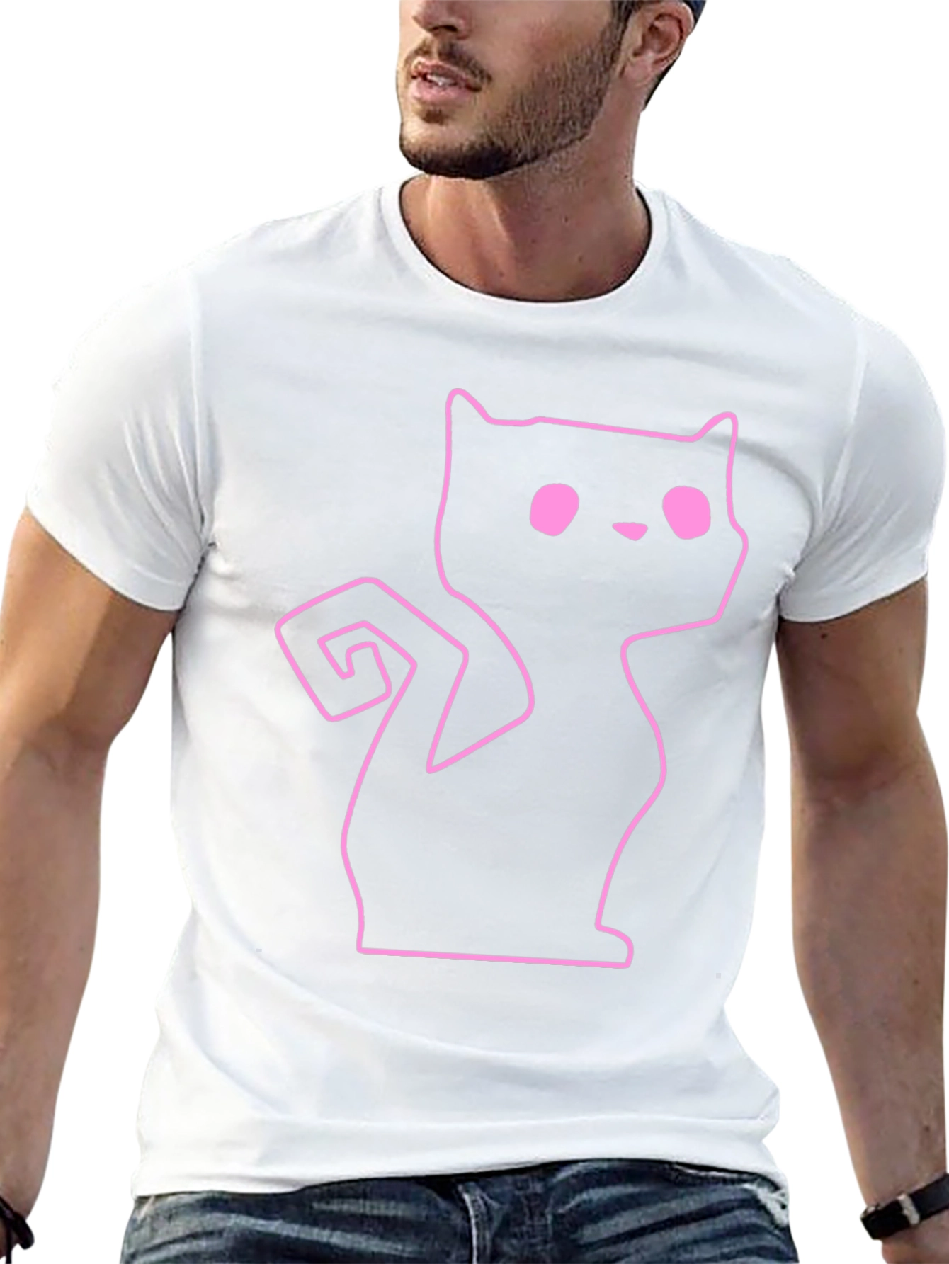 Pink Outline Cat Graphic Black T-Shirt