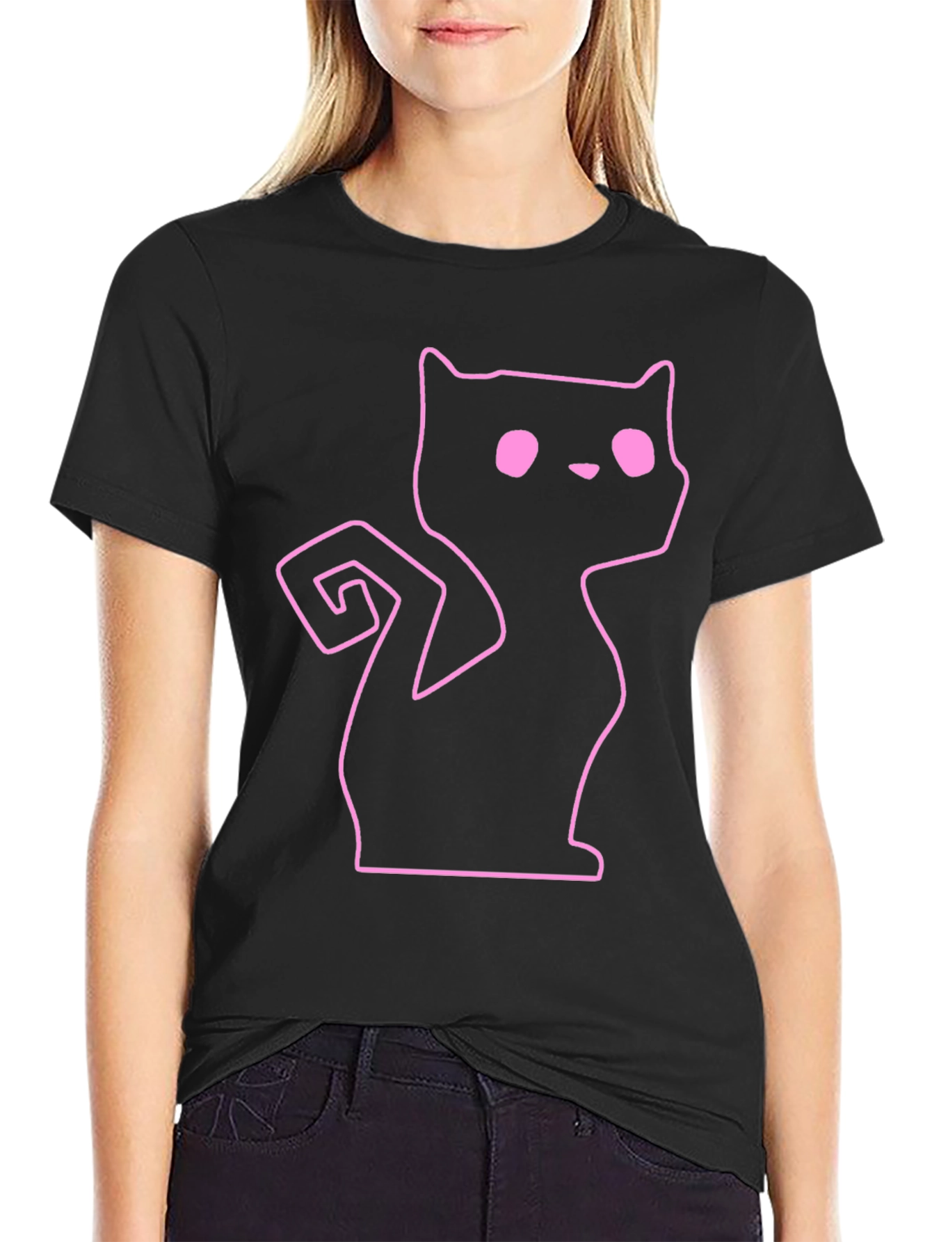 Pink Outline Cat Graphic Black T-Shirt