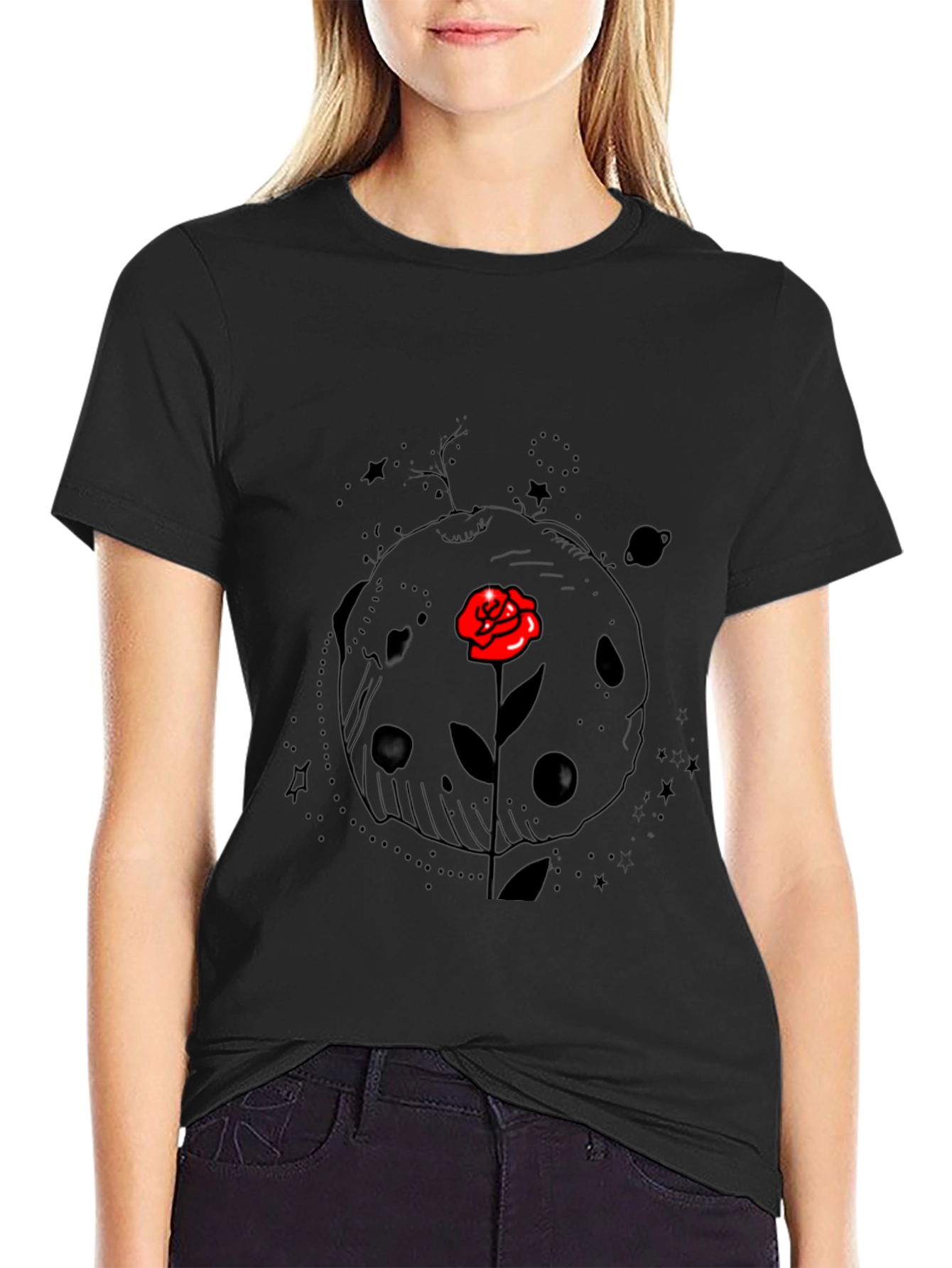 Space Rose Graphic Tee - Black Cotton T-Shirt