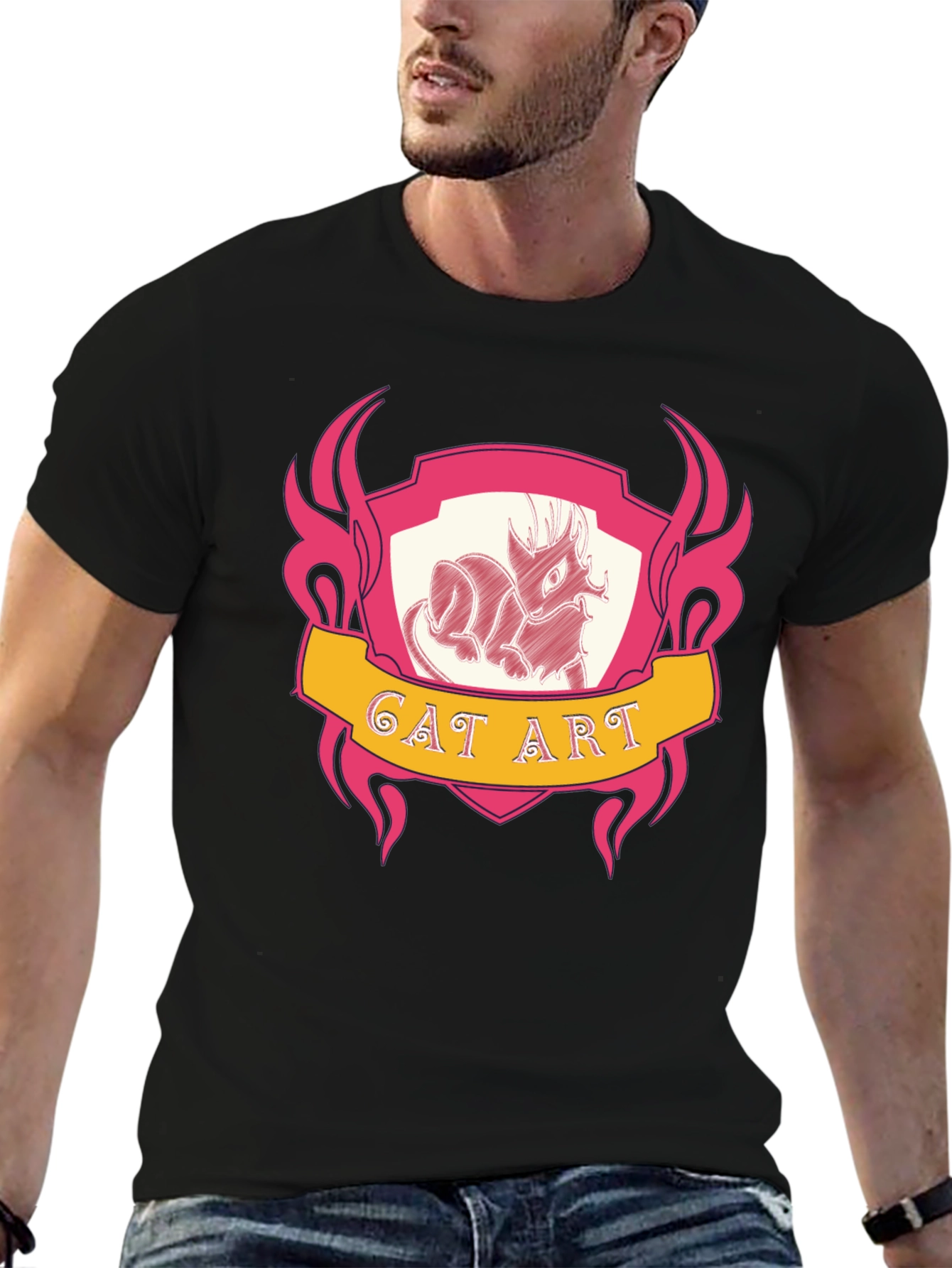 Cat Art Graphic Tee - Black Cotton T-Shirt