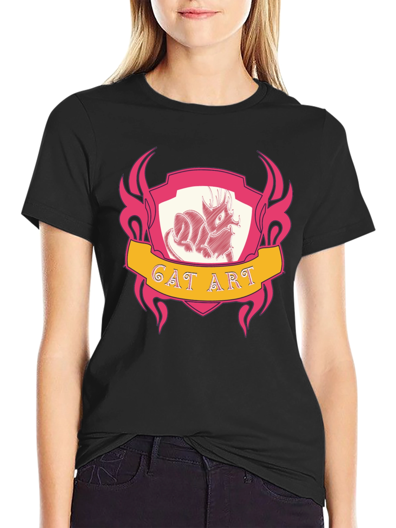 Cat Art Graphic Tee - Black Cotton T-Shirt
