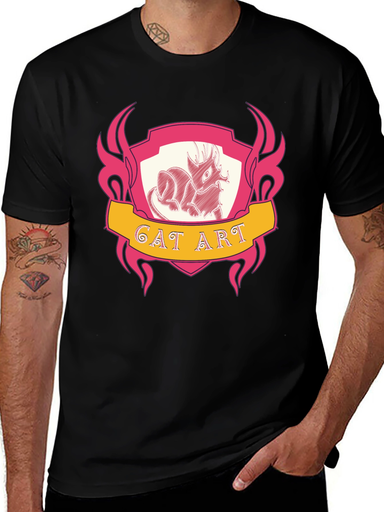 Cat Art Graphic Tee - Black Cotton T-Shirt