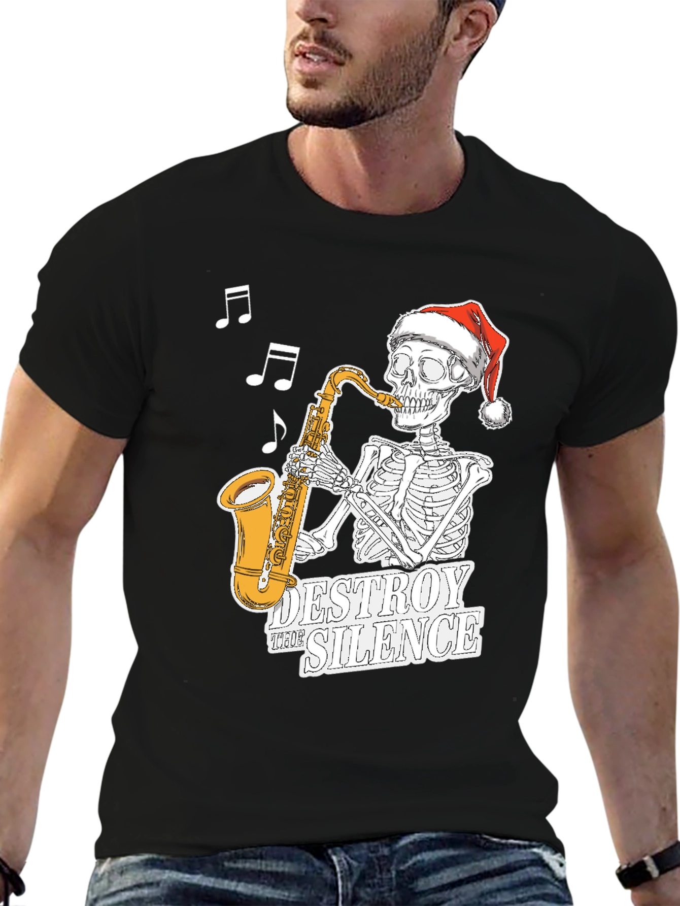 Skeleton Santa Saxophone T-Shirt - Destroy the Silence Tee