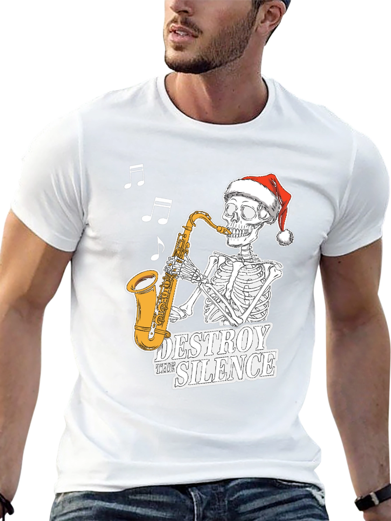 Skeleton Santa Saxophone T-Shirt - Destroy the Silence Tee