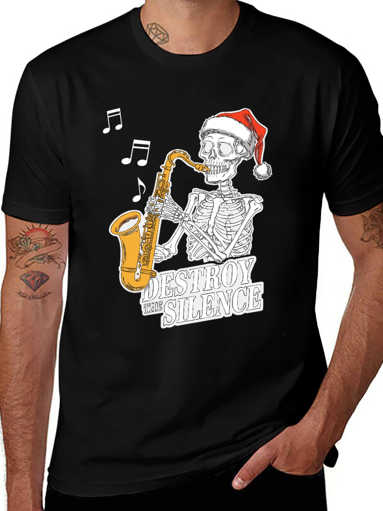 Skeleton Santa Saxophone T-Shirt - Destroy the Silence Tee