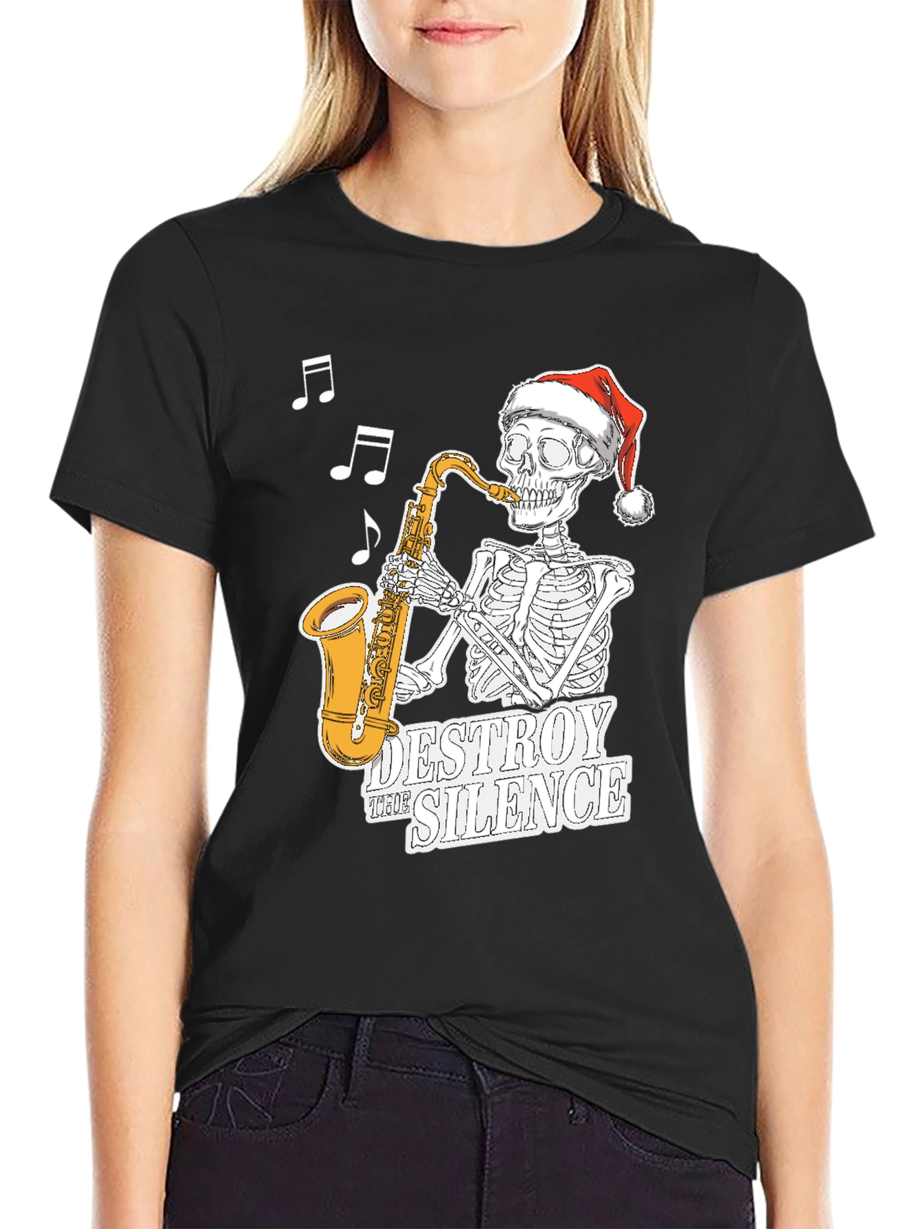 Skeleton Santa Saxophone T-Shirt - Destroy the Silence Tee