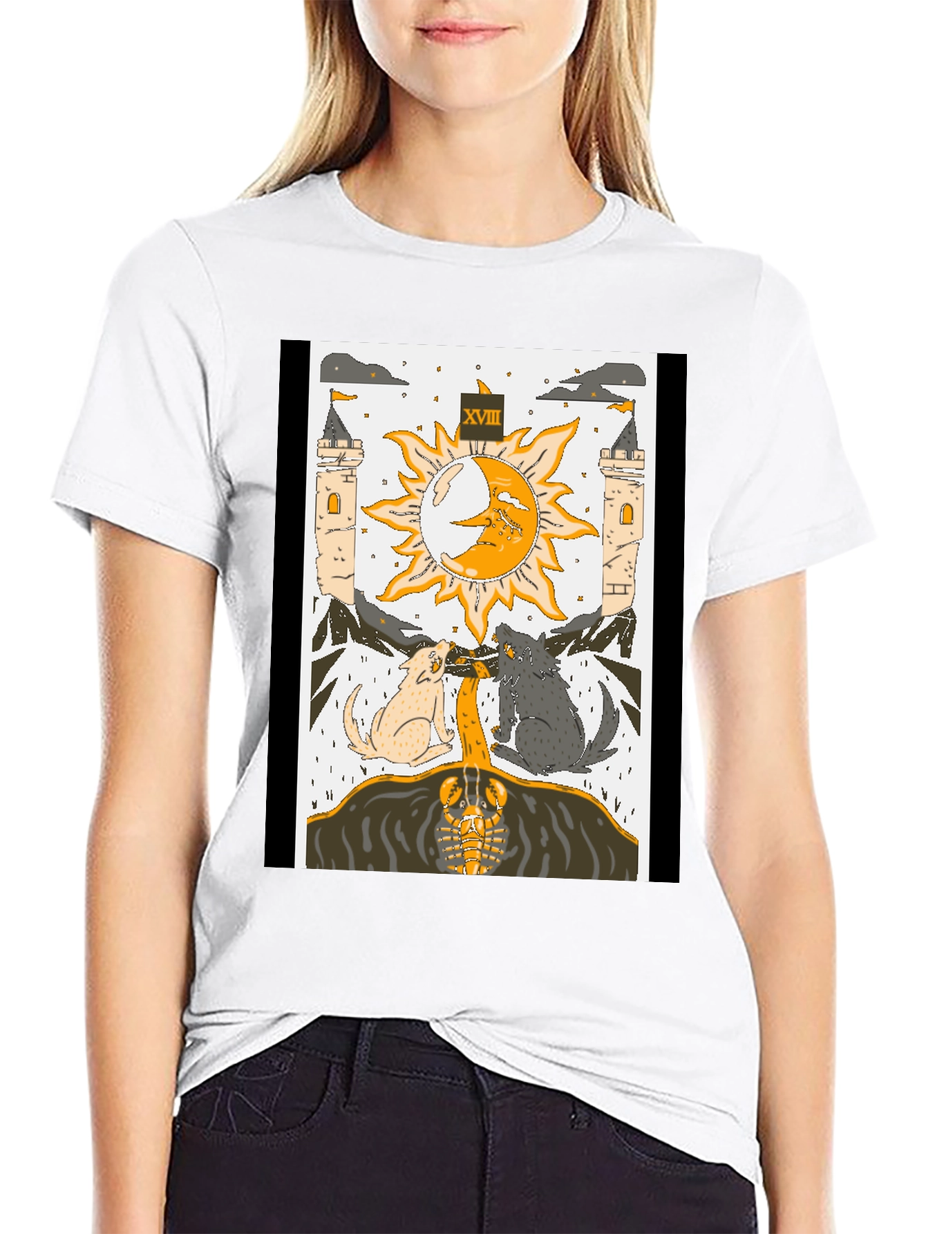 Moon Tarot Card T-Shirt - Lunar Wolves Design