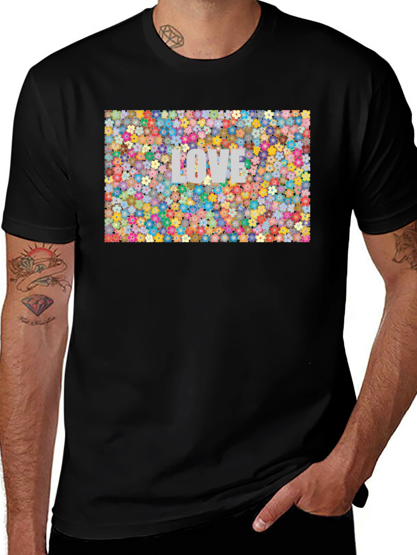 Floral LOVE Print T-Shirt - Stylish Black Tee