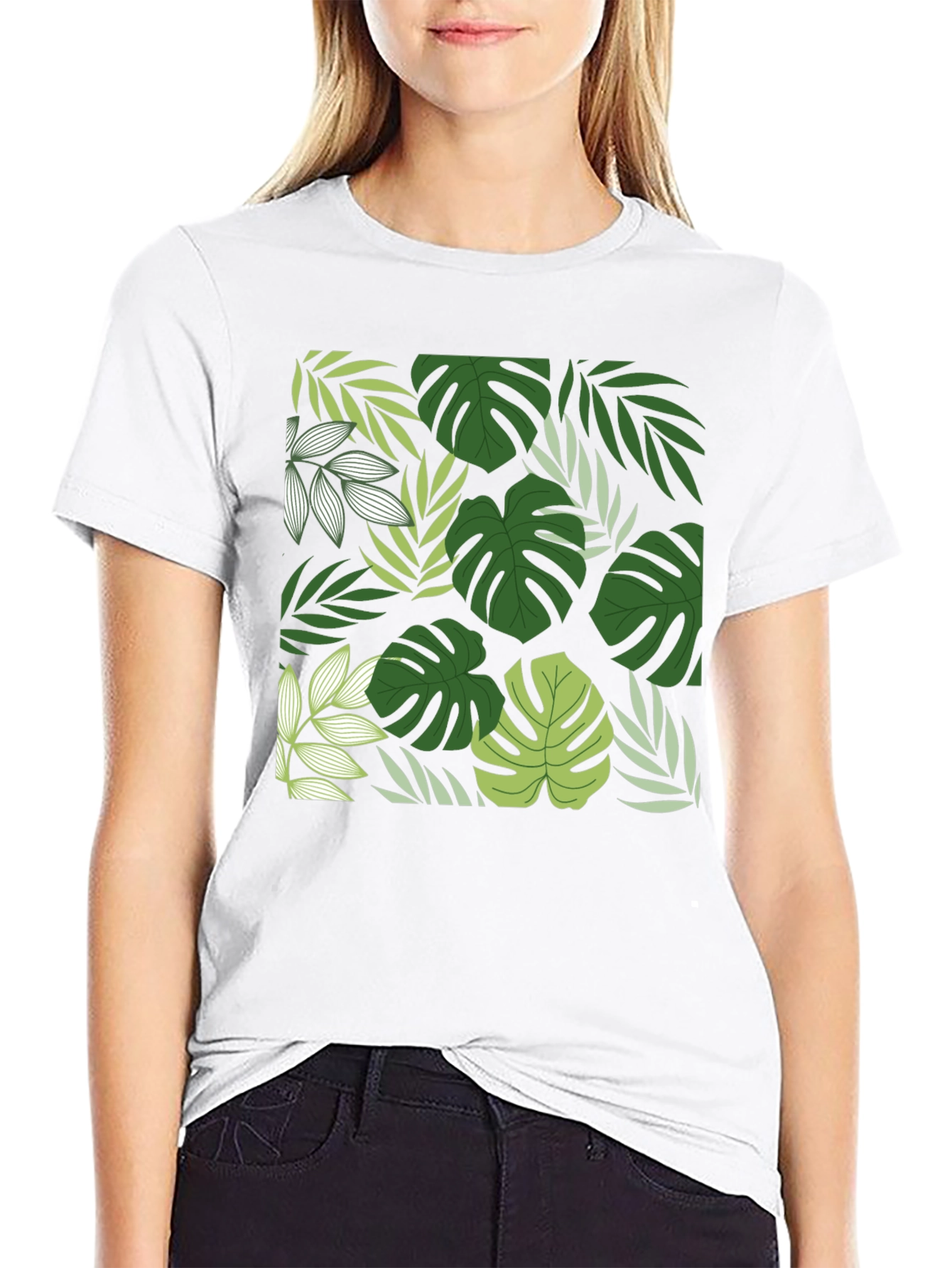 Tropical Leaf Print Black T-Shirt