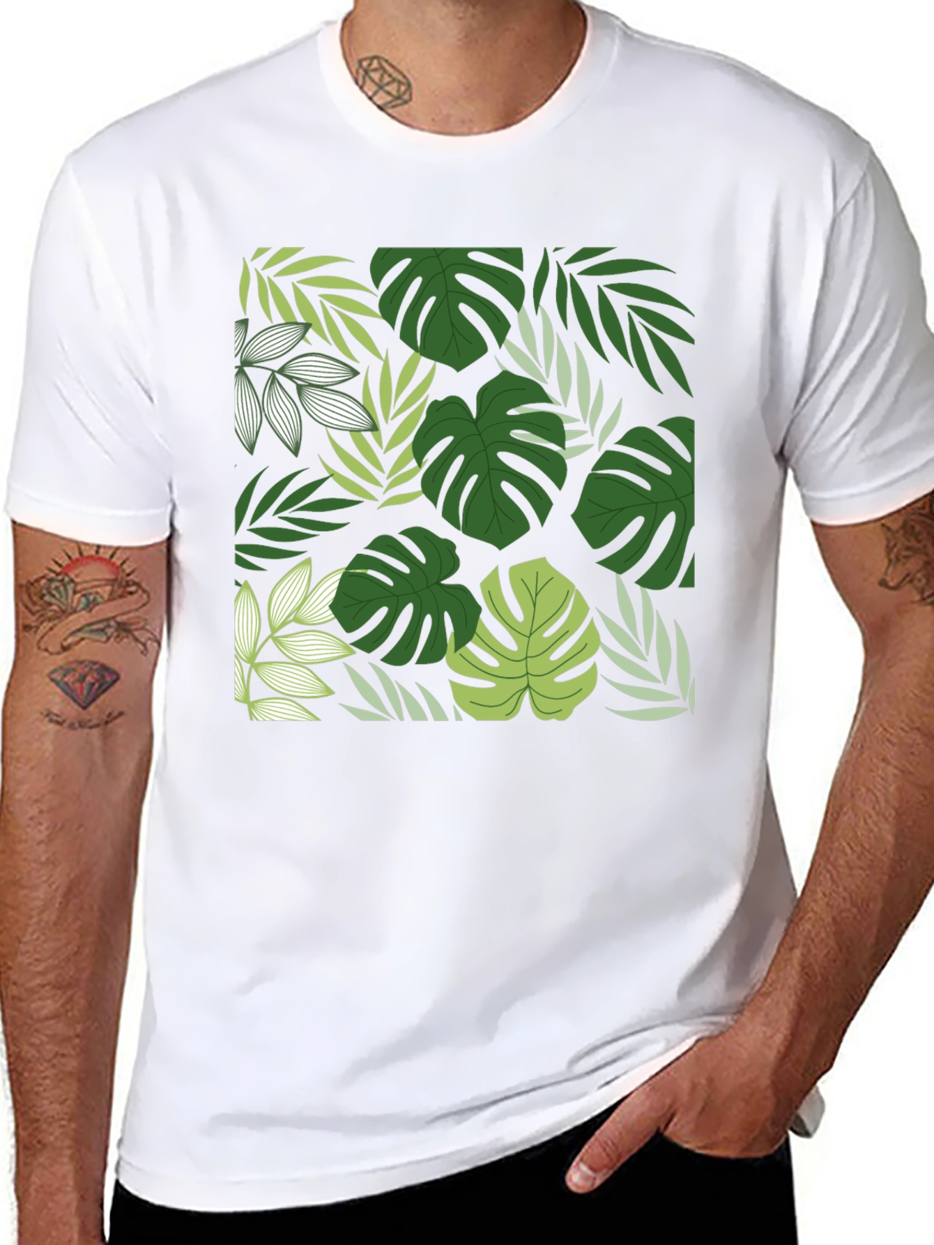 Tropical Leaf Print Black T-Shirt