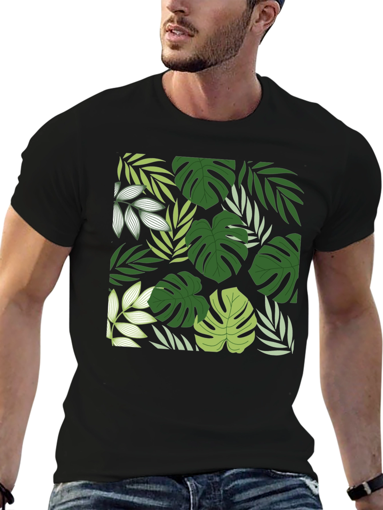 Tropical Leaf Print Black T-Shirt
