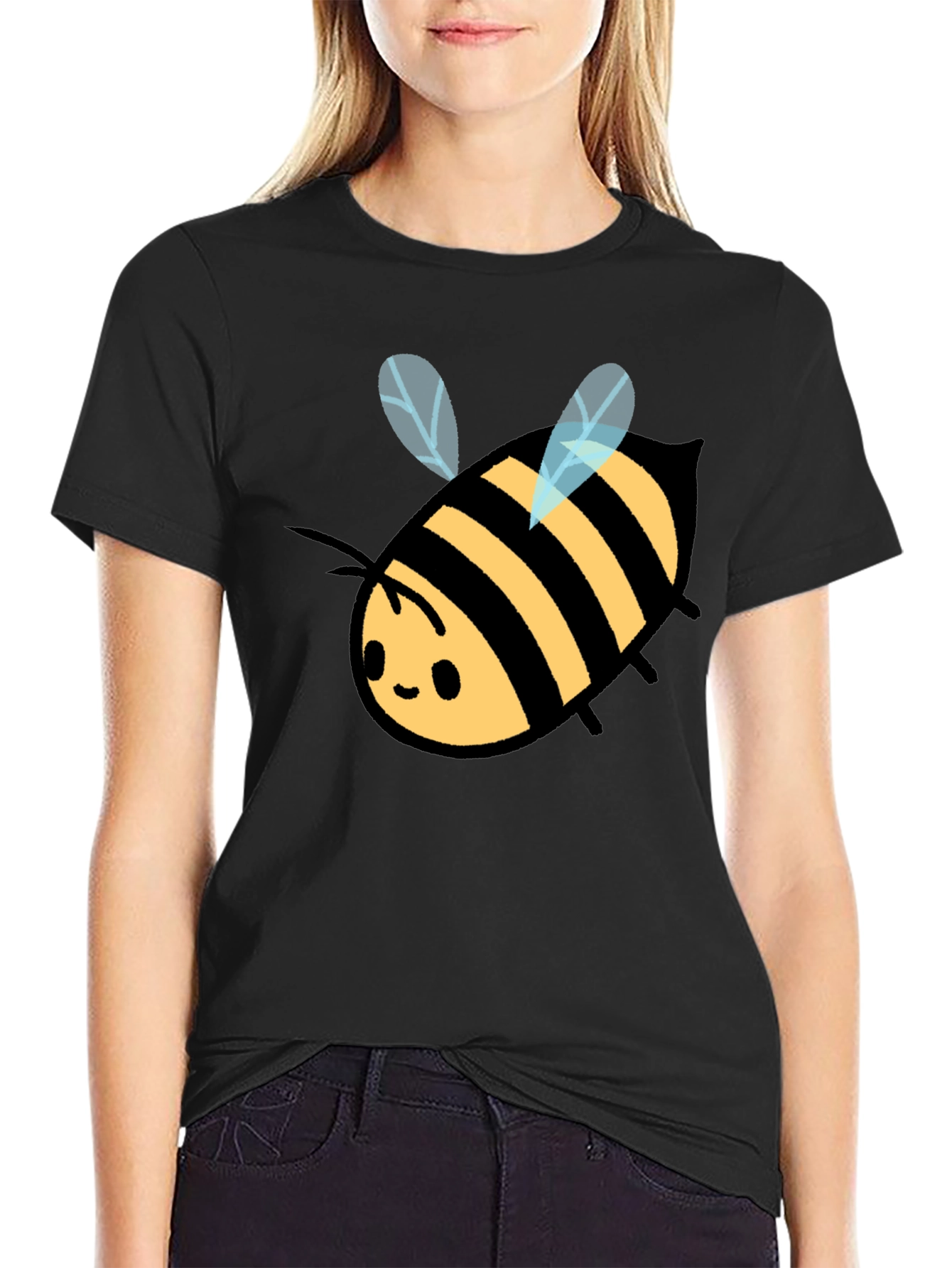 Cute Bee Graphic Tee - Black Cotton T-Shirt