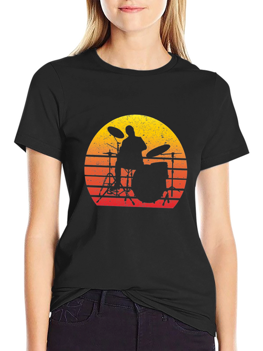 Drummer Sunset Graphic Tee - Black Cotton T-Shirt