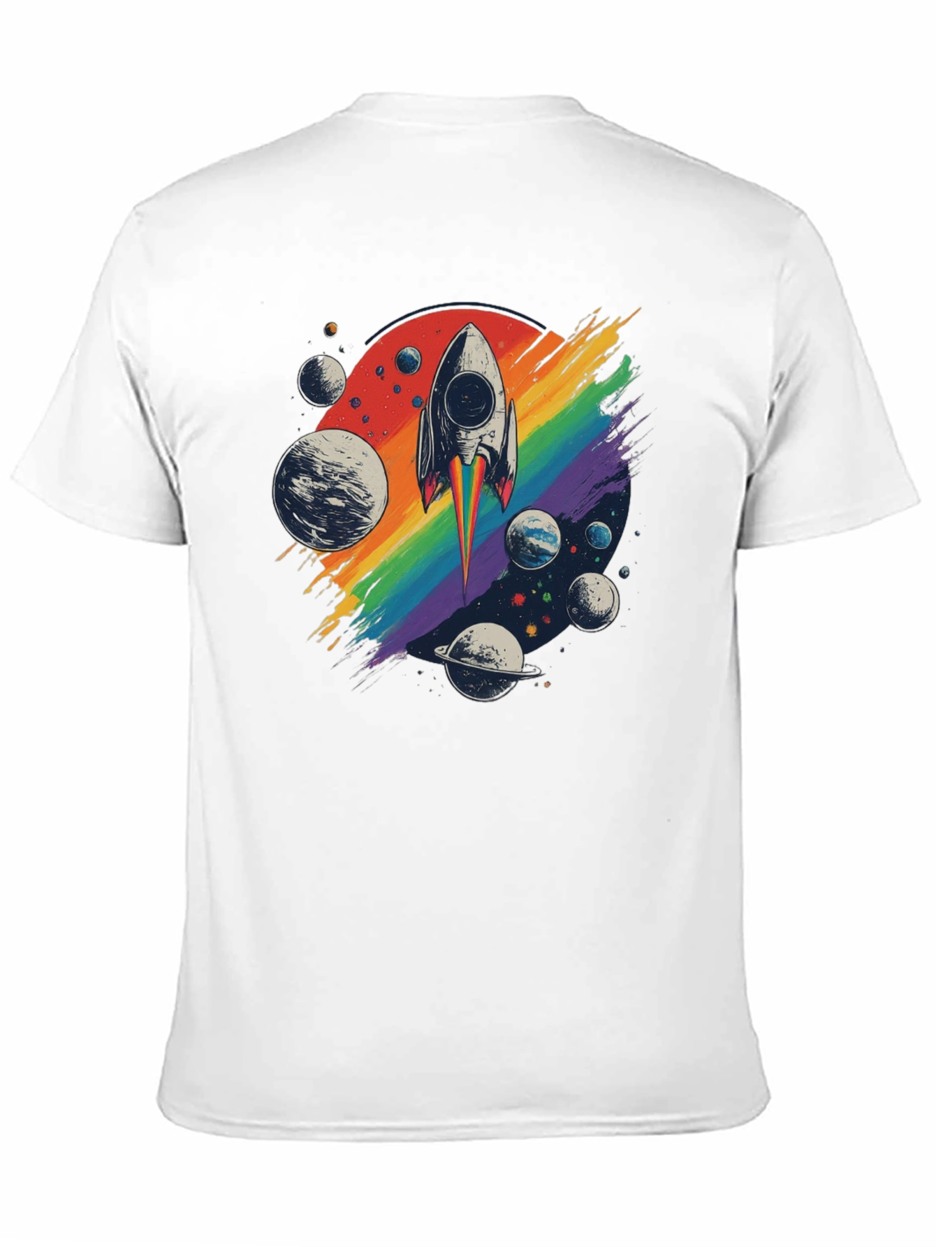 Retro Rocket Rainbow Planets Graphic Tee
