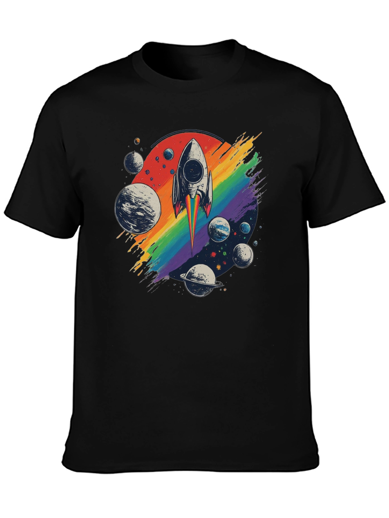Retro Rocket Rainbow Planets Graphic Tee
