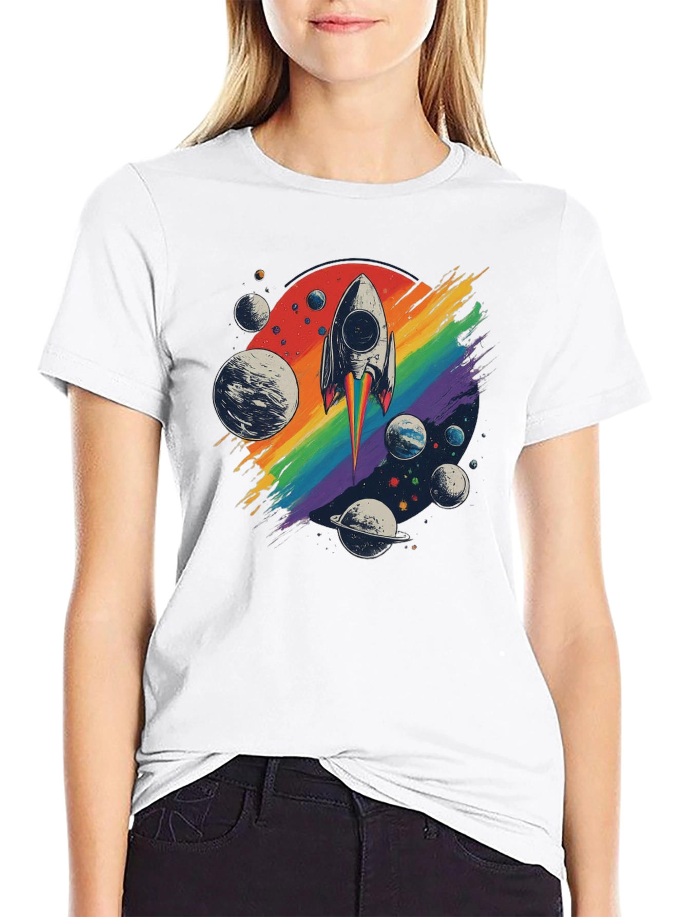 Retro Rocket Rainbow Planets Graphic Tee