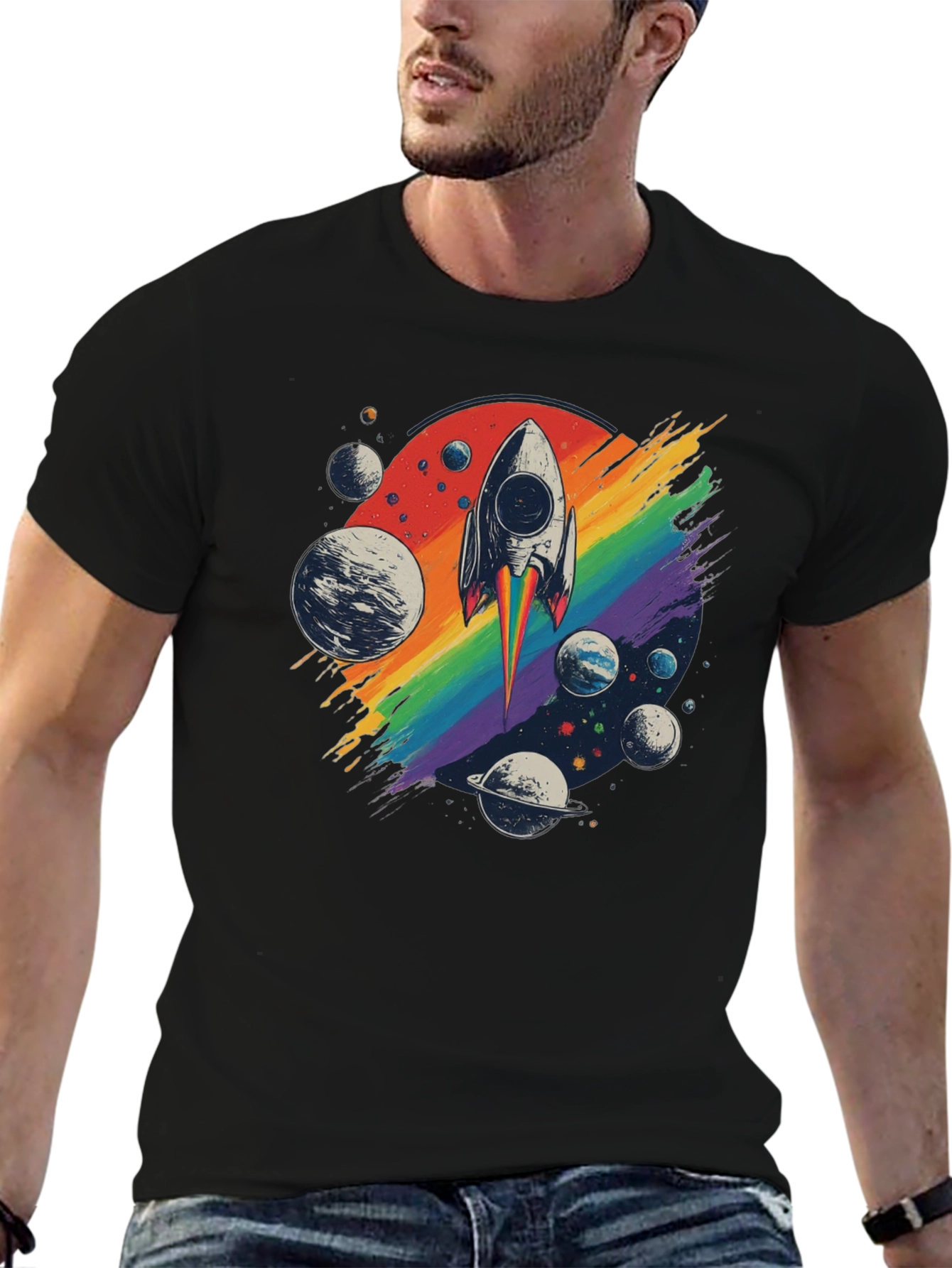 Retro Rocket Rainbow Planets Graphic Tee