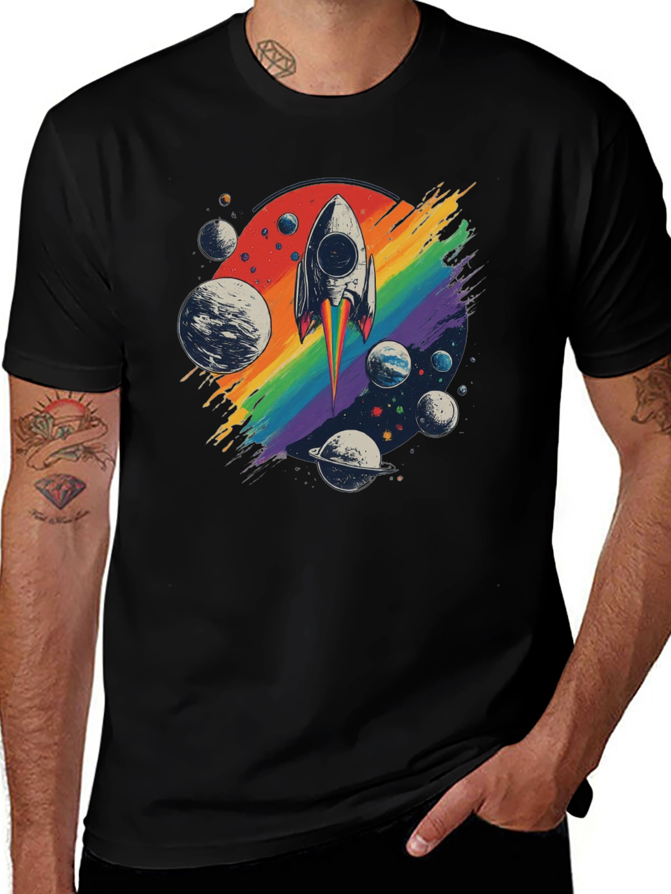 Retro Rocket Rainbow Planets Graphic Tee
