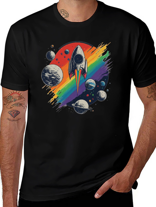 Retro Rocket Rainbow Planets Graphic Tee