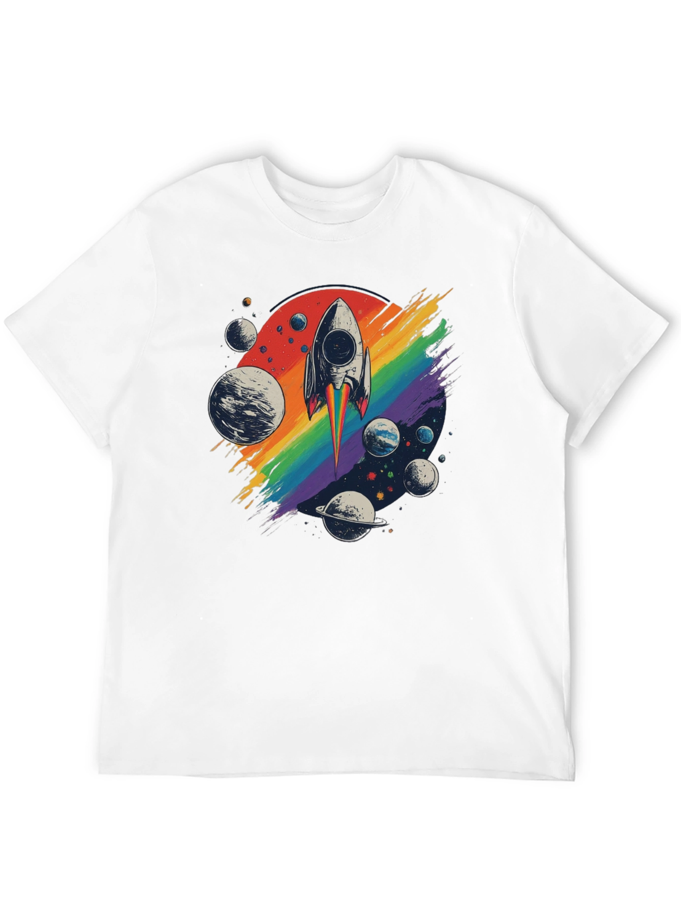 Retro Rocket Rainbow Planets Graphic Tee