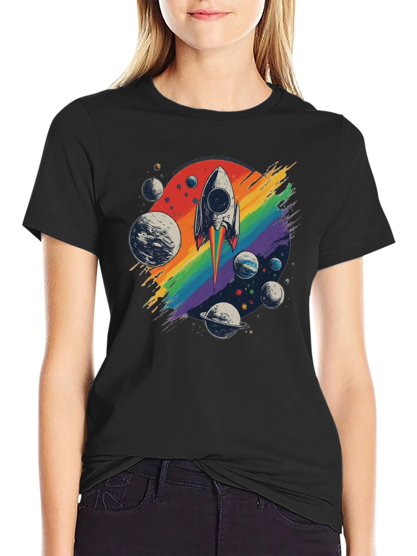 Retro Rocket Rainbow Planets Graphic Tee