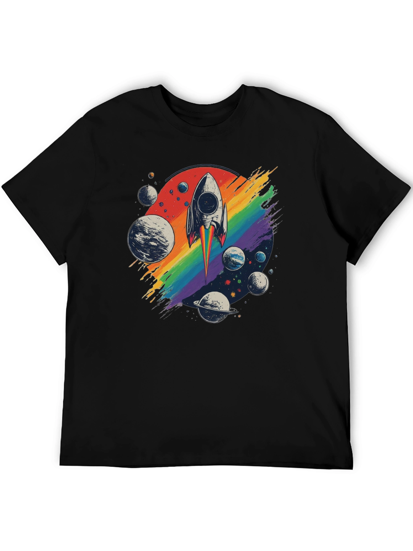 Retro Rocket Rainbow Planets Graphic Tee