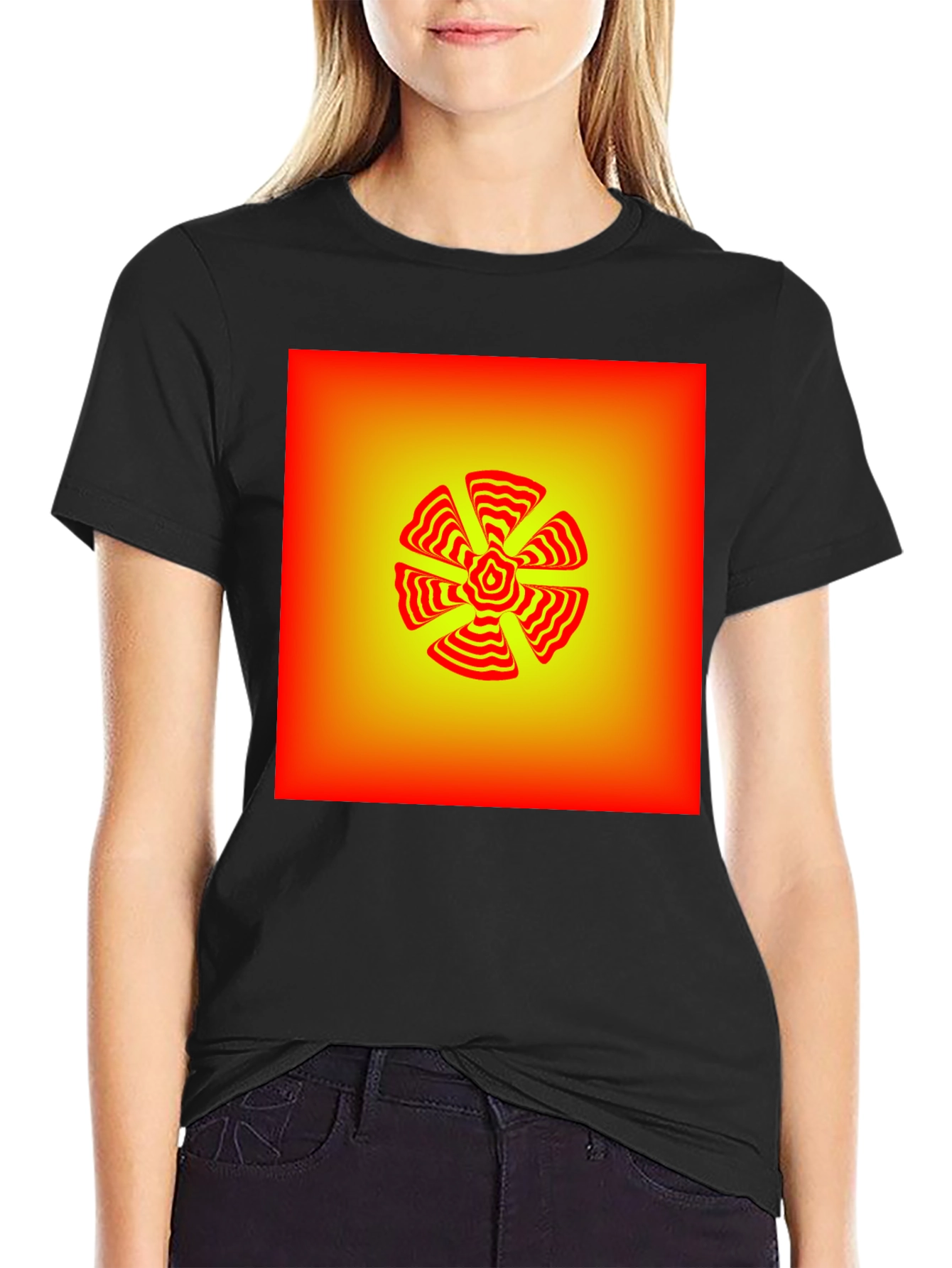 Abstract Geometric Flower Graphic T-Shirt - Black