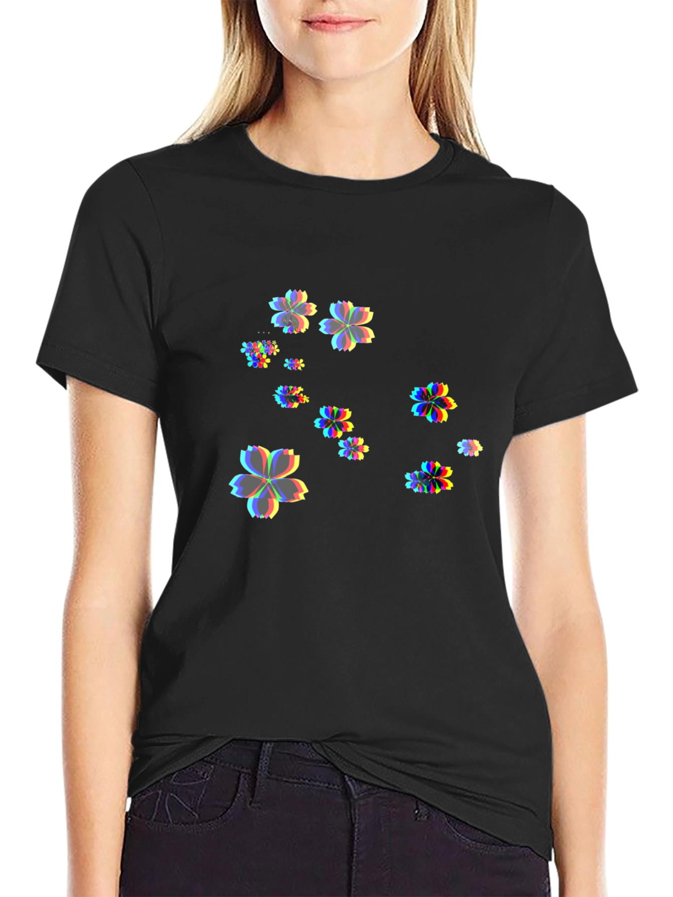 Mens Black T-Shirt with Floral Glitch Design