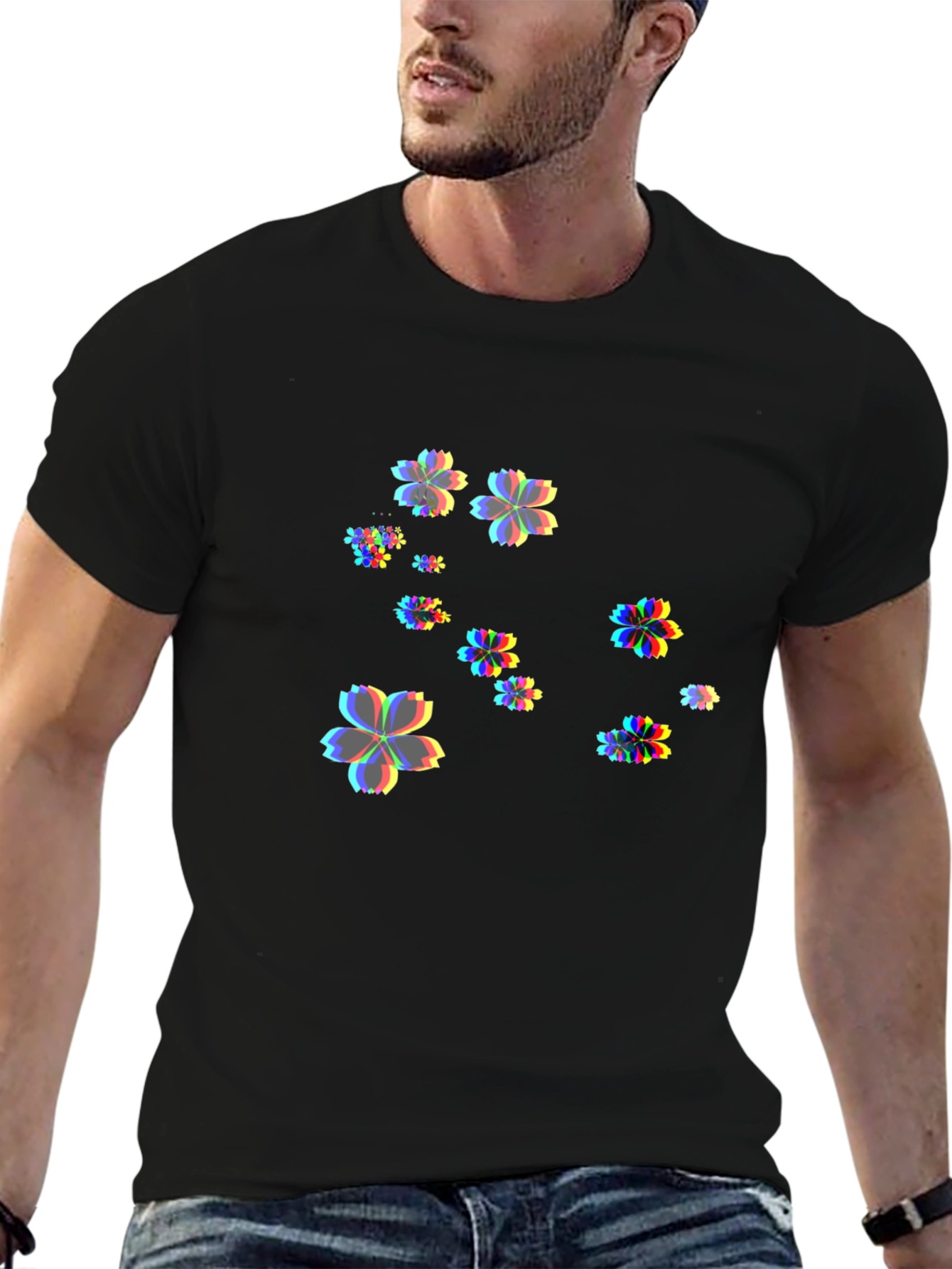 Mens Black T-Shirt with Floral Glitch Design